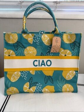 CIAO Lemon Print Teal Tote
